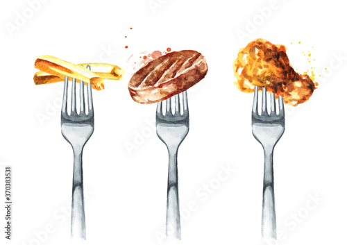 French fries, cutlet, fried chicken on a fork. Concept of diet and healthy eating. Hand drawn watercolor illustration isolated on white background