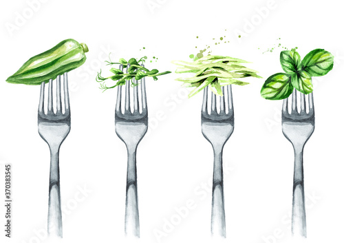 Okra, microgreens, cabbage, Basil on a fork. Concept of diet and healthy eating. Hand drawn watercolor illustration isolated on white background