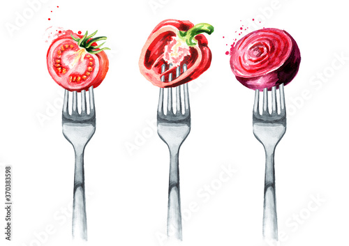Tomato, bell pepper, beetroot on a fork. Concept of diet and healthy eating. Hand drawn watercolor illustration isolated on white background