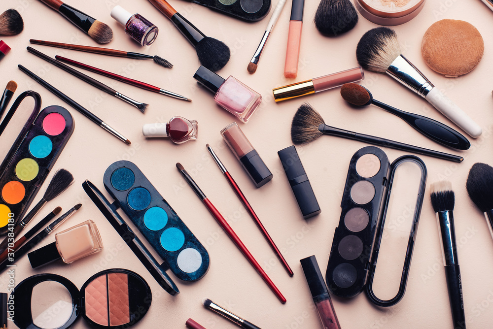 Professional makeup, face care and beauty set for women. Brushes, eye shadow, lipstick, powder, nail Polish Professional makeup, face care and beauty set for women. Brushes, eye shadow, lipstick, powder, nail Polish