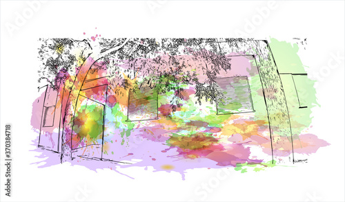 Building view with landmark of Almada is a city and a municipality in Portugal. watercolor splash with  hand drawn sketch illustration in vector.