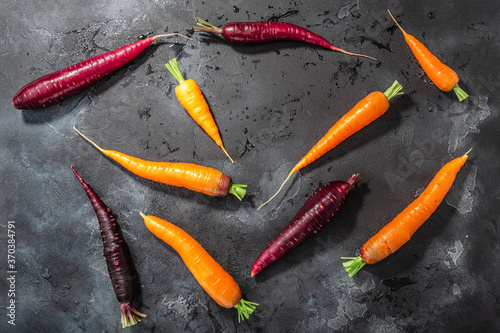 Carrots, orange and purple anthocyanin-rich on washed concrete backdrop, top view