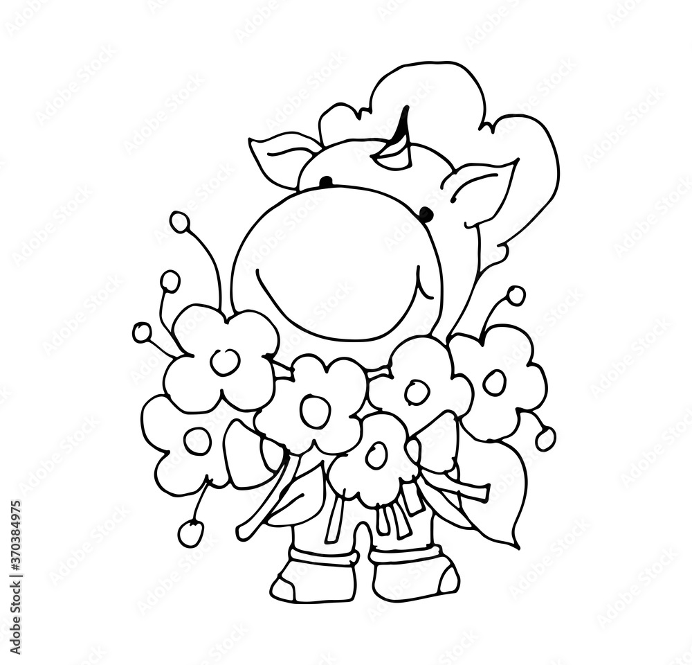 Coloring book for kids - baby unicorn is holding a bouquet of flowers. Black and white cute cartoon unicorns. Vector illustration.
