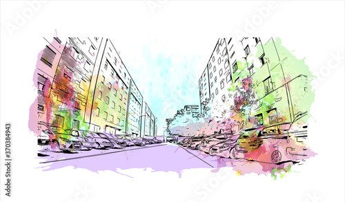 Building view with landmark of Almada is a city and a municipality in Portugal. watercolor splash with  hand drawn sketch illustration in vector.