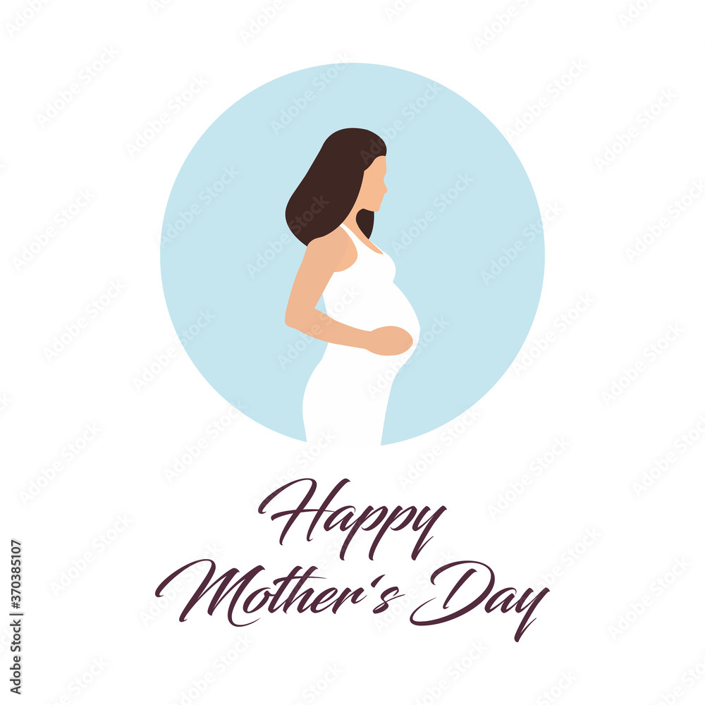 Happy Mother's Day greeting card template with text and illustration of pregnancy woman, isolated on white background Happy Mother's Day greeting card template with text and illustration of pregnancy woman, isolated on white background