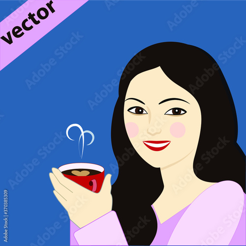 Happy girl (№6) with cup of coffee, espresso latte and cappuccino.  Style cartoon colorful vector illustration isolated. Collection of woman with hot beverages.
