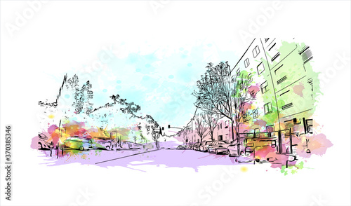 Building view with landmark of Almada is a city and a municipality in Portugal. watercolor splash with  hand drawn sketch illustration in vector.