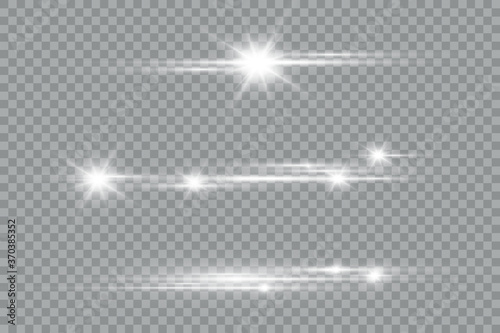 Horizontal light rays, flash white horizontal lens flares pack, laser beams, glow white line on transparent background
