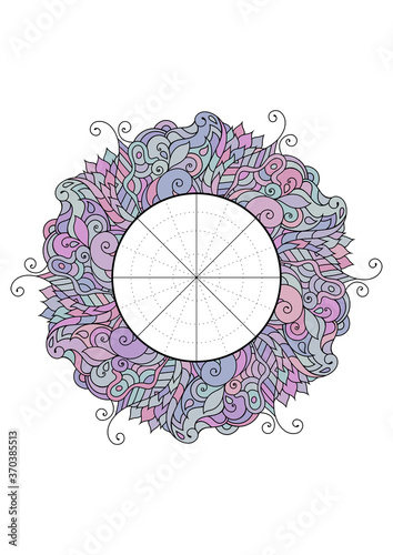 Wheel of Life. Life balance wheel radial diagram. Psychology and coaching tool for self development. Personal purposes chart with elegant zendoodle design