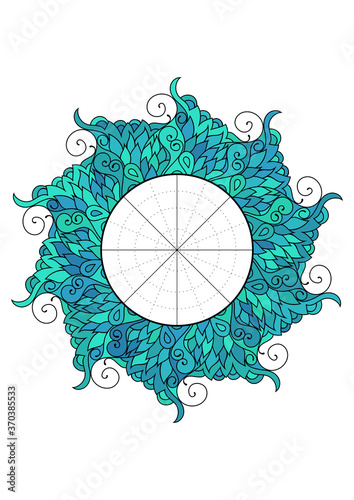Wheel of Life. Life balance wheel radial diagram. Psychology and coaching tool for self development. Personal purposes chart with elegant zendoodle design