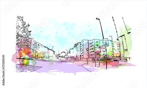 Building view with landmark of Almada is a city and a municipality in Portugal. watercolor splash with  hand drawn sketch illustration in vector.