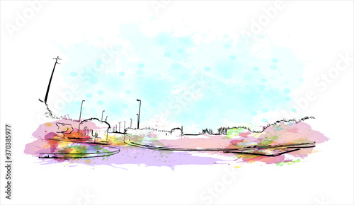 Building view with landmark of Almada is a city and a municipality in Portugal. watercolor splash with  hand drawn sketch illustration in vector.