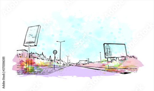 Building view with landmark of Almada is a city and a municipality in Portugal. watercolor splash with  hand drawn sketch illustration in vector.