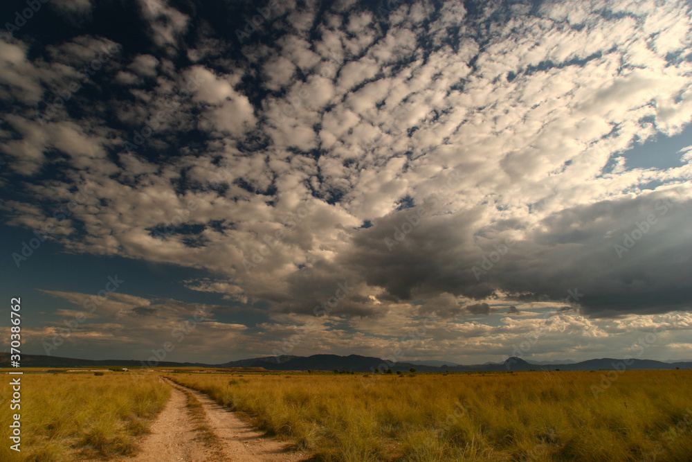 Cielo con nubes medias (altocúmulos) sobre paisaje estepario (espartizal). Cieza, Murcia, España. Cielo con nubes medias (altocúmulos) sobre paisaje estepario (espartizal). Cieza, Murcia, España.