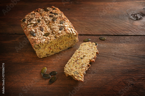 Canvas Print Healthy protein bread from lupine flour, oat bran, almond, pumpkin seeds and oth