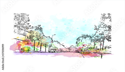 Building view with landmark of Almada is a city and a municipality in Portugal. watercolor splash with  hand drawn sketch illustration in vector.