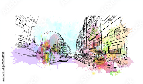 Building view with landmark of Almada is a city and a municipality in Portugal. watercolor splash with  hand drawn sketch illustration in vector.
