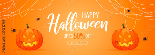 Happy Halloween promo sale flyer with Halloween elements. Scary pumpkins and web with spiders. Vector illustration for poster, banner, discount, special offer.