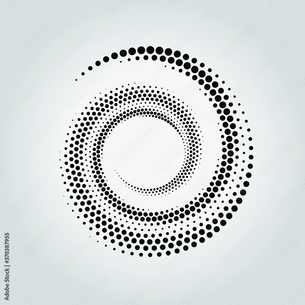 Abstract black halftone dots in spiral form. Geometric art. Trendy design element for frame, logo, tattoo, sign, symbol, web, prints, posters, template, pattern and abstract background