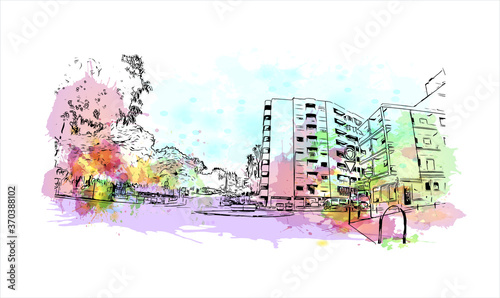 Building view with landmark of Almada is a city and a municipality in Portugal. watercolor splash with  hand drawn sketch illustration in vector.