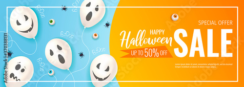 Happy Halloween promo sale flyer with Halloween elements. Ghost balloons, spiders, eyes. Vector illustration for poster, banner, discount, special offer.