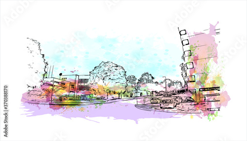 Building view with landmark of Almada is a city and a municipality in Portugal. watercolor splash with  hand drawn sketch illustration in vector.