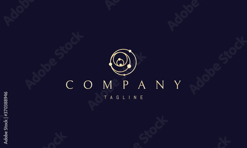 Vector golden logo on which an abstract image of several planets and their orbits forming a pattern.