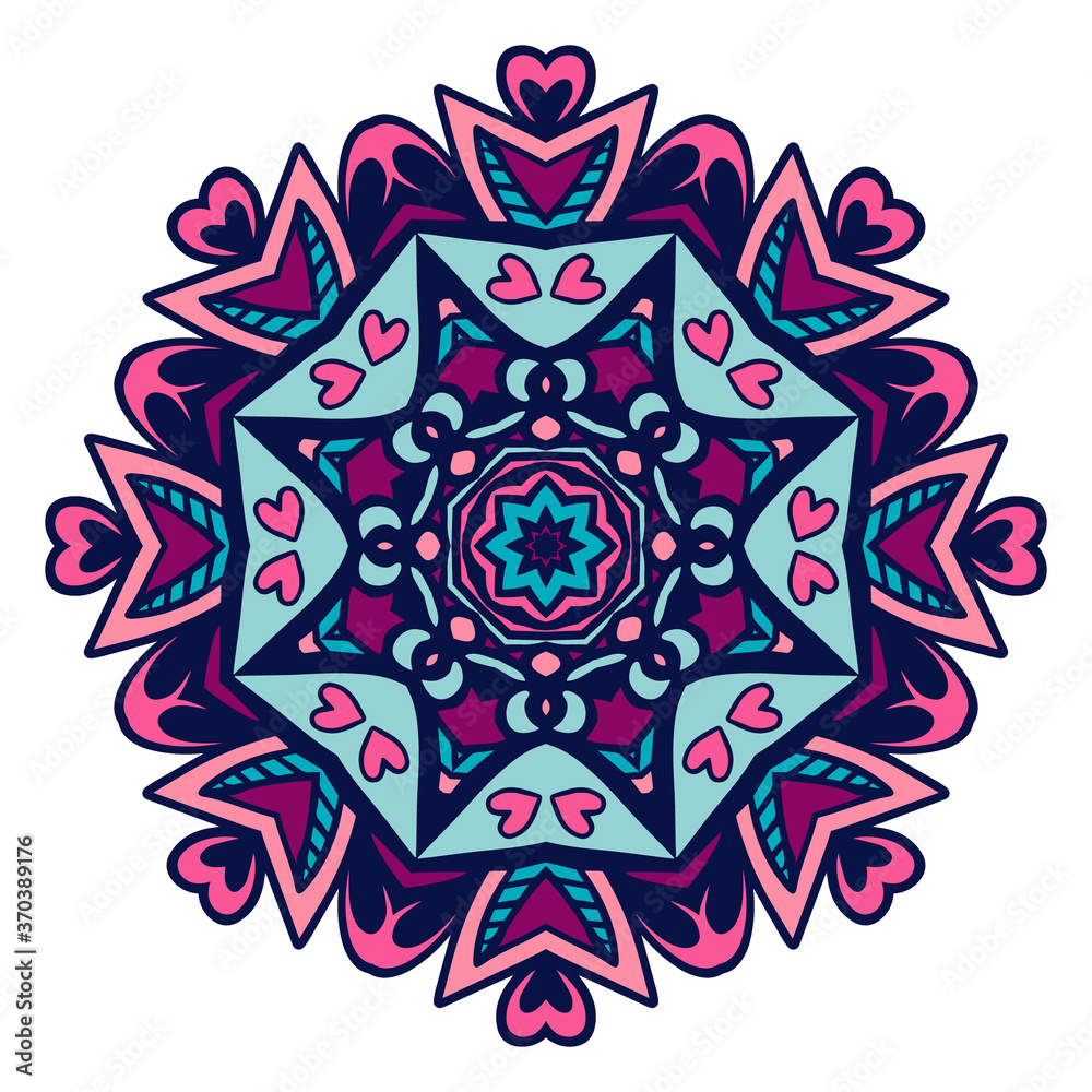 Vector hand drawn doodle mandala. Ethnic mandala with colorful ornament. Pink and blue colors
