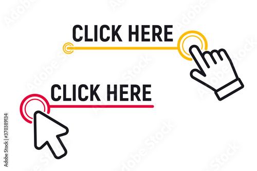 Click Here Button with Click cursor. Set for button website design. Click button. Modern action button with mouse click symbol. Computer mouse click cursor or Hand pointer symbol photo