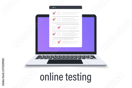 Laptop with window online testing form. Online exam. Computer with Online form survey. Knowledge test concept. Exam document icon, online results, internet test. Checklist with accepted right answer