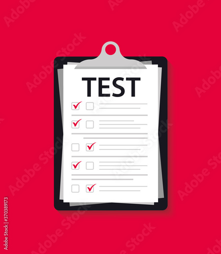 Concept exam, survey, testing. Test form with Clipboard. Test mark on a folder. Examining. Passing the knowledge test and exam. IQ test. Online survey. Checklist, Internet surveying list, test form