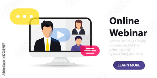PrintLive streaming Distance and Online education. Online webinar. Video conference. People on computer screen. Webinar concept, online course, distance education. Working from home