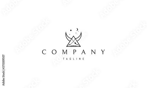 Vector logo in which an abstract image of an alchemical symbol with a triangle and an inverted moon and starry skies above them.