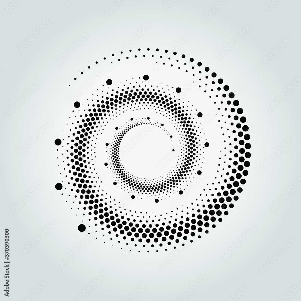 Abstract vector black halftone dots in spiral form. Geometric art. Trendy design element for frame, logo, tattoo, sign, symbol, web, prints, posters, template, pattern and abstract background