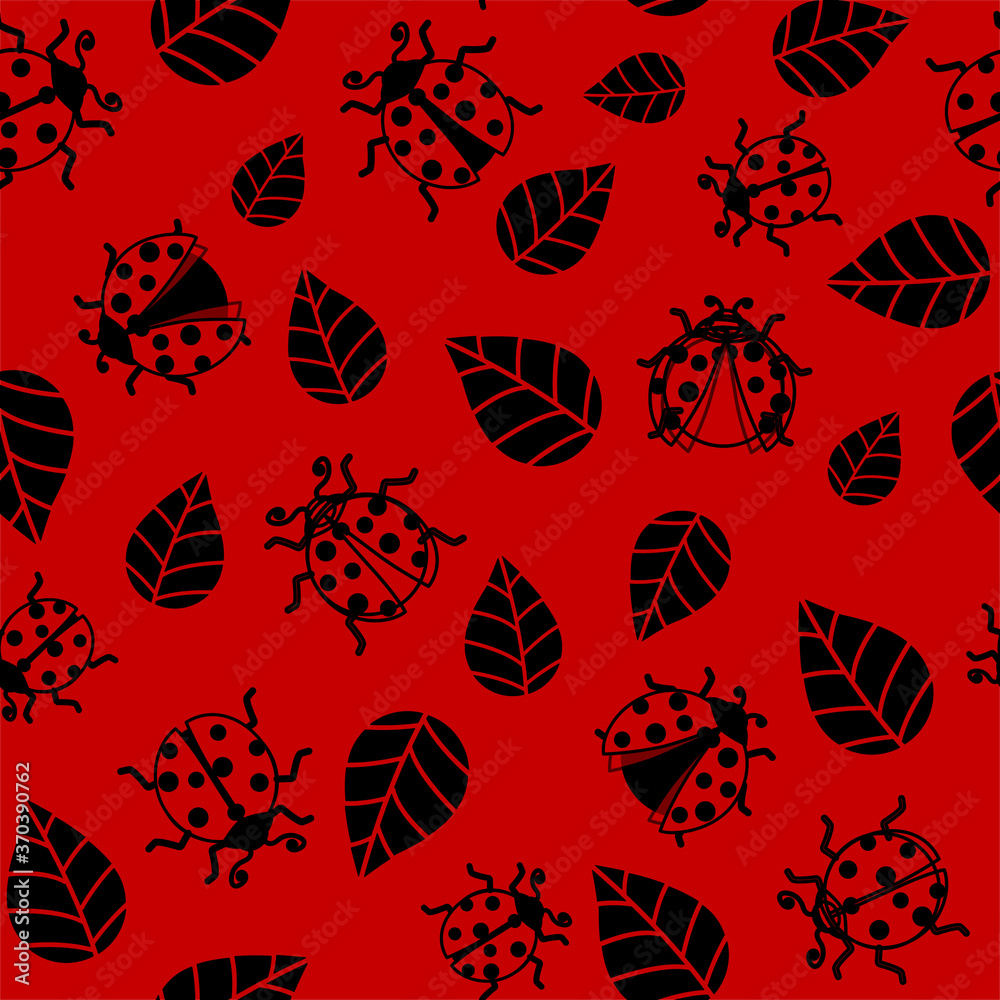 Ladybug and sections leaves black filled and sketch outline, over red background illustration seamless pattern.