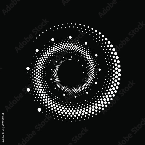Abstract vector black halftone dots in spiral form. Geometric art. Trendy design element for frame, logo, tattoo, sign, symbol, web, prints, posters, template, pattern and abstract background