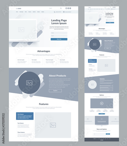 Landing page wireframe design for business. One page site layout template. Modern responsive design. UX UI website: home, advantages, about, features, statistics, options, video, news and updates.
