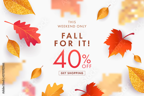Autumn Sale background, banner, poster or flyer design. Vector illustration with bright beautiful leaves frame and text fall for it 40 % off. Template for advertising, web, social and fashion ads