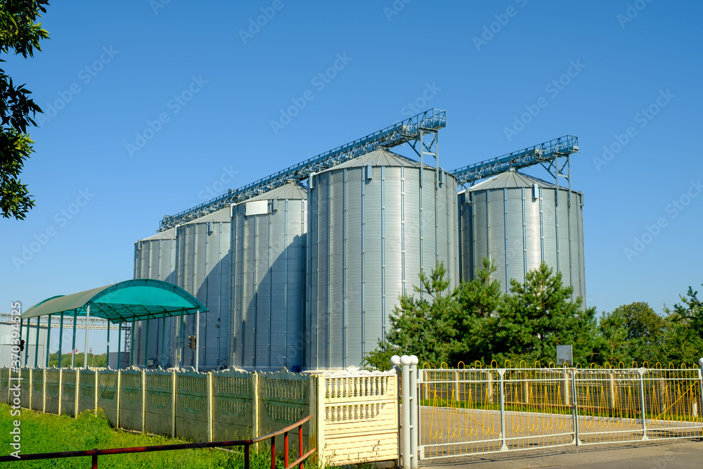 Fototapeta premium Agricultural Silos. Building for storage and drying of grain crops. Agribusiness concept.