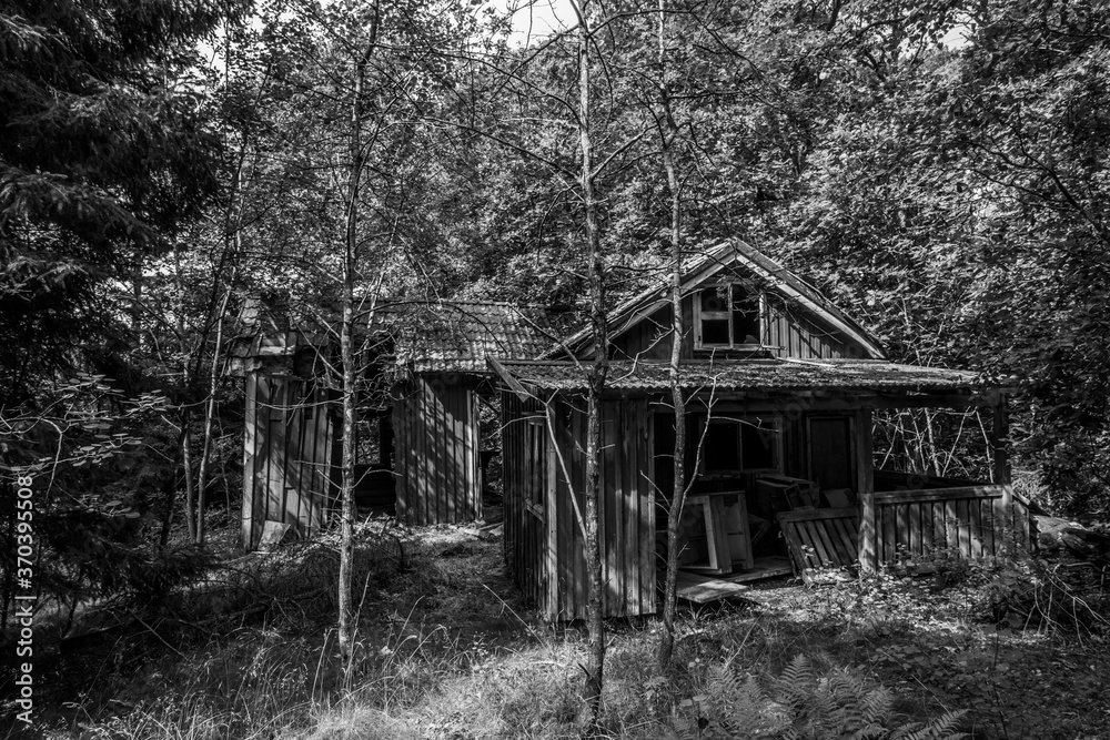 Monochrome photograph of an abandoned house exterior in the woods Monochrome photograph of an abandoned house exterior in the woods
