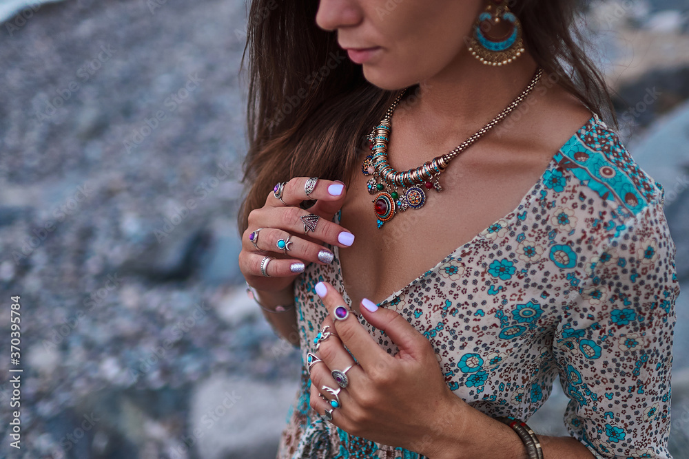 virkningsfuldhed Presenter flaske Bohemian chic gypsy woman with manicure wearing jewelry accessories and  dress. Boho detail close up Stock Photo | Adobe Stock