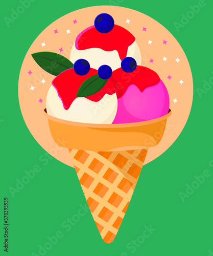 
ice cream with strawberry jam and blueberries