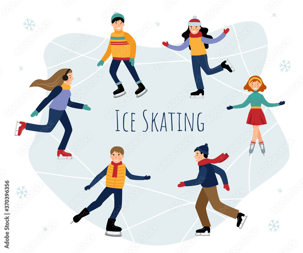 Vector set with children ice skating. Children ice skating on a frozen lake. Winter fun.
