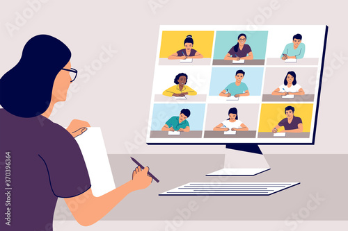 Online class. Concept of remote learning. Teacher with computer. Vector illustration.