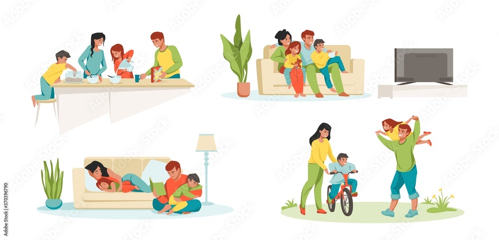 Family at home. Parents and children in house eating playing watching TV, father mother and kids together. Vector illustrations happy cartoon family characters in house activities