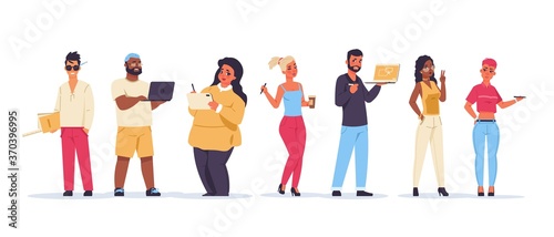Designers. Cartoon creative team of young artists and designers, diverse male and female millennials. Vector isolated illustration standing happy friends in different clothes set