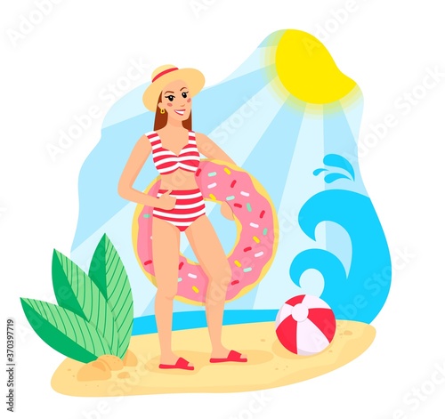 Cute girl on the beach with summer elements. Slender tanned woman on vacation. Vacation landscape.