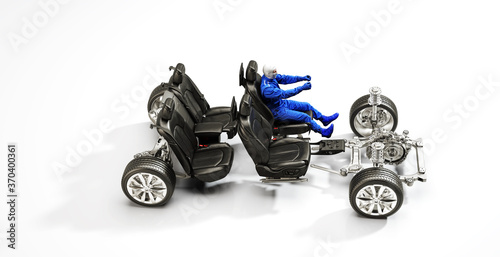 Uniformed driver drives an imaginary car without car frame, without chassis, car components, 3d rendering, 3d illustration