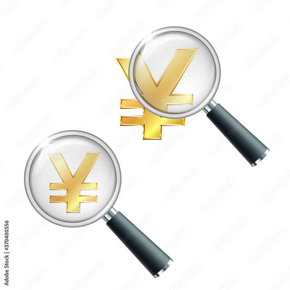 Golden yen currency sign with magnifying glass. Golden yen currency sign with magnifying glass.