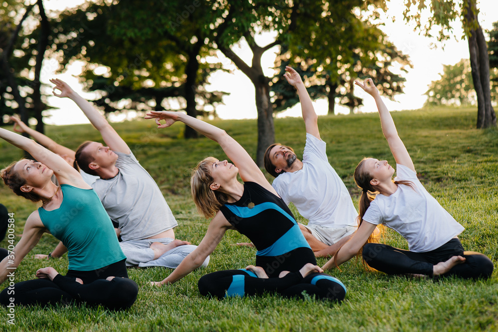 A group of people do yoga in the Park at sunset. Healthy lifestyle, meditation and Wellness A group of people do yoga in the Park at sunset. Healthy lifestyle, meditation and Wellness